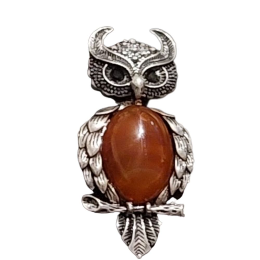 OWL BROOCH Agate natural stone owl pin brooch Silvertone great gift owl lover